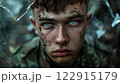 Young Soldier With Intense Gaze Amidst Shattered Glass on a Battlefront. Generative AI 122915179