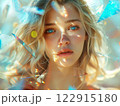 Enchanting Portrait of a Young Woman With Striking Blue Eyes and Reflections. AI Art 122915180