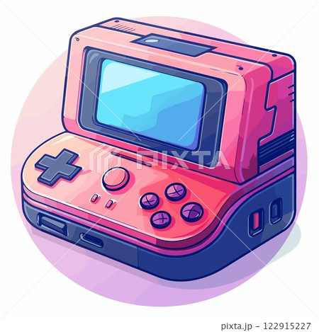 Red and black game console with a blue screen 122915227