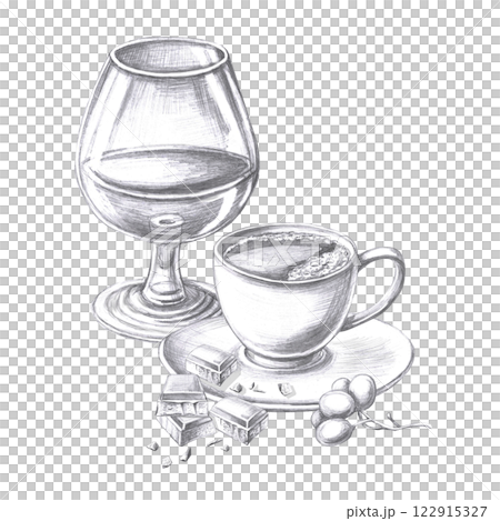 Cup of coffee with a bar of chocolate, grapes and a glass of cognac. Pencil isolated illustration for cafes design, menu design and cookbooks. Cup of coffee with a bar of chocolate, grapes and a glass of cognac. Pencil isolated illustration for cafes design, menu design and cookbooks. 122915327