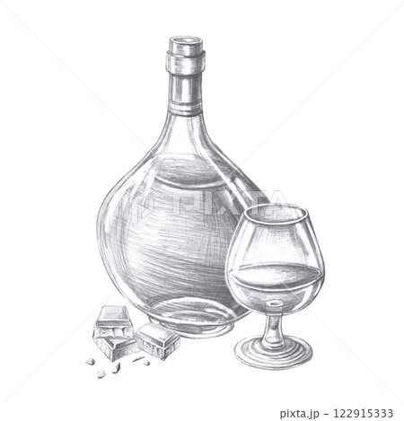 Bottle of cognac, glass and chocolate in pencil. Isolated illustration on the theme of alcoholic drinks for menu design, cookbook, gastronomic magazines and festivals. Bottle of cognac, glass and chocolate in pencil. Isolated illustration on the theme of alcoholic drinks for menu design, cookbook, gastronomic magazines and festivals. 122915333