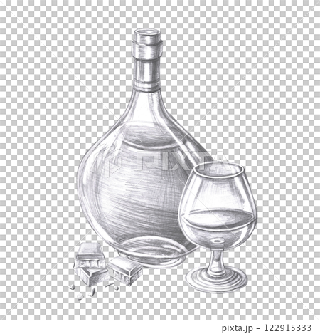 Bottle of cognac, glass and chocolate in pencil. Isolated illustration on the theme of alcoholic drinks for menu design, cookbook, gastronomic magazines and festivals. Bottle of cognac, glass and chocolate in pencil. Isolated illustration on the theme of alcoholic drinks for menu design, cookbook, gastronomic magazines and festivals. 122915333