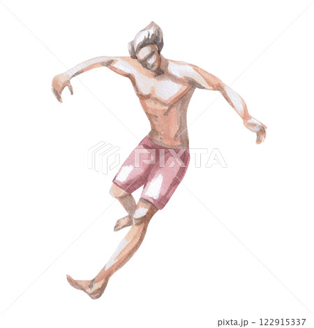 Young man in dynamic pose in sports shorts. Isolated watercolor illustration of surfer for design of tourist brochures, men's cosmetics, sports stores. Young man in dynamic pose in sports shorts. Isolated watercolor illustration of surfer for design of tourist brochures, men's cosmetics, sports stores. 122915337