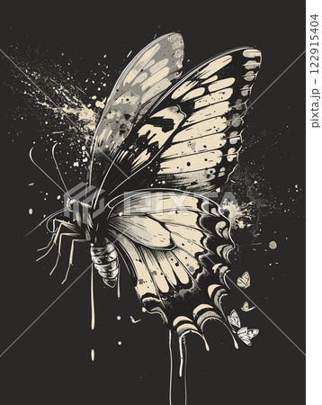 grunge butterfly and ink splatter on black background, vector illustration 122915404
