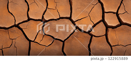 Close-up of a cracked earth surface, showcasing a unique pattern of dry soil with rich, warm brown tones. Perfect for nature themes. 122915889