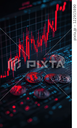Close-up of cryptocurrency coins on a digital trading chart showing an upward trend. Ideal for finance and investment themes. 122915890