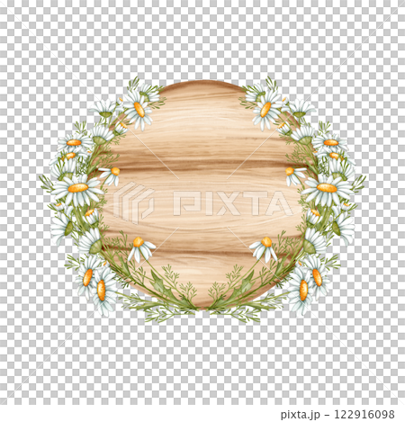 Wooden signboard with daisy flowers. Signs with place for messages. 122916098