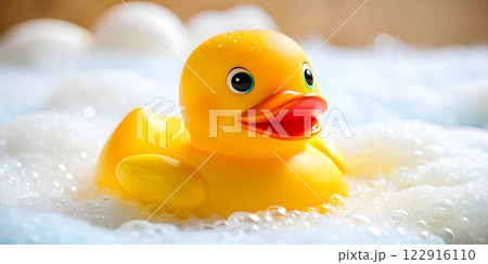 A bright yellow toy rubber duck swims in soapy white foam in a bathtub with room for text. 122916110