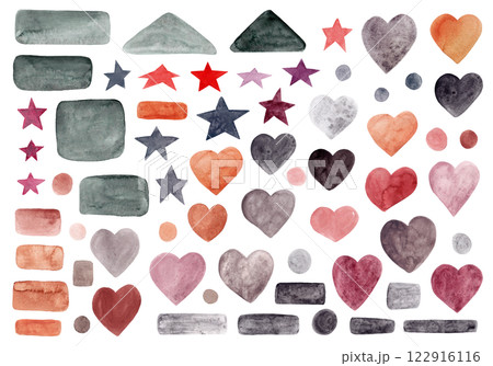 Abstract isolated shapes. Multicolor watercolor. Colorful elements: shapes, lines, dots, hearts, stars, brush strokes. Big set. Hand drawn. Great design for any purpose Abstract isolated shapes. Multicolor watercolor. Colorful elements: shapes, lines, dots, hearts, stars, brush strokes. Big set. Hand drawn. Great design for any purpose 122916116