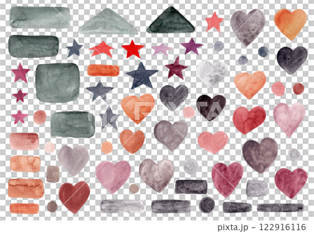 Abstract isolated shapes. Multicolor watercolor. Colorful elements: shapes, lines, dots, hearts, stars, brush strokes. Big set. Hand drawn. Great design for any purpose 122916116