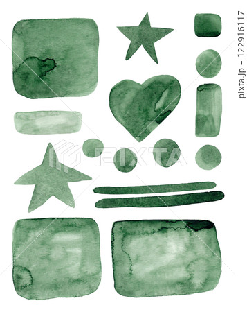 Abstract romantic banner on white background. Green watercolor. Colorful elements: shapes, lines, dots, hearts, brush strokes. Minimal concept. Hand drawn. Great design for any purpose Abstract romantic banner on white background. Green watercolor. Colorful elements: shapes, lines, dots, hearts, brush strokes. Minimal concept. Hand drawn. Great design for any purpose 122916117