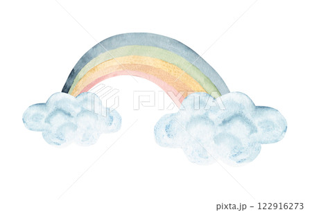 Rainbow in pastel colors with blue Clouds. Watercolor hand drawn illustration isolated on white background. Design for kids, greeting cards and nursery posters. 122916273