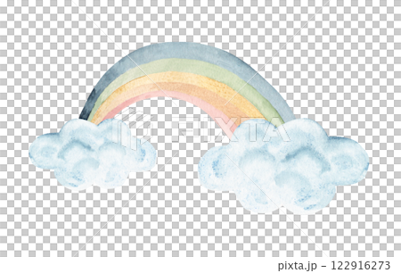 Rainbow in pastel colors with blue Clouds. Watercolor hand drawn illustration isolated on white background. Design for kids, greeting cards and nursery posters. 122916273