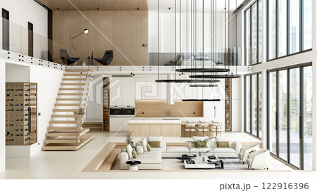 Luxury Modern Loft Interior with Open Space Living Room and Kitchen, 3D Rendering Luxury Modern Loft Interior with Open Space Living Room and Kitchen, 3D Rendering 122916396