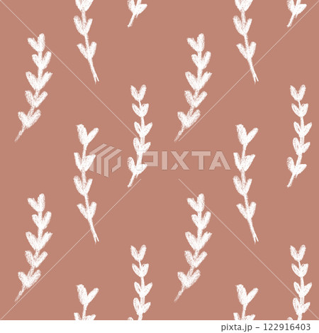 Leaves and branches hand drawn with pencil seamless pattern. White crayon leaves, twigs. Pattern with foliage on mocha mousse brown. Abstract cute plant motif 122916403