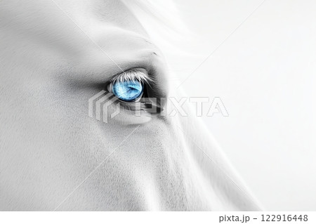 Close-up photo of beautiful white horse with blue eyes and a lush mane against a sunset background. 122916448