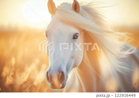 Close-up photo of beautiful white horse with blue eyes and a lush mane against a sunset background. 122916449