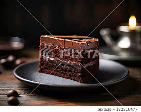 A piece of dark chocolate cake lies on a gray plate 122916477