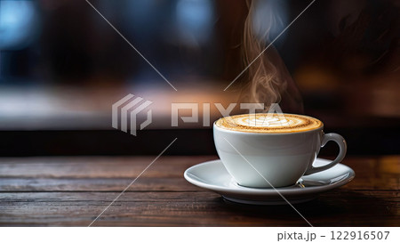 White cup of cappuccino with foam. a cup stands on a dark wooden table White cup of cappuccino with foam. a cup stands on a dark wooden table 122916507