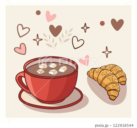 Tasty breakfast of cup of cacao with marshmallow and croissant. Tasty breakfast of cup of cacao with marshmallow and croissant. 122916544