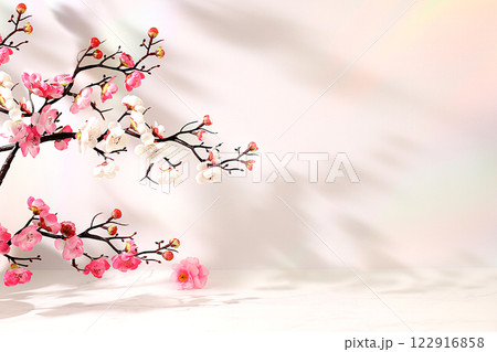 Beautiful spring flower arrangement with cherry blossom branches, elegant beauty concept, stage for product and business concept display. Minimal modern aesthetic, Premium empty podium Beautiful spring flower arrangement with cherry blossom branches, elegant beauty concept, stage for product and business concept display. Minimal modern aesthetic, Premium empty podium 122916858