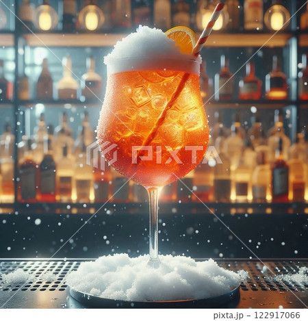 A beautifully crafted cocktail overflowing with ice and foam is placed on a bar counter. The warm glow of spirits in the background enhances the inviting atmosphere 122917066