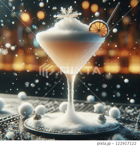 A beautifully crafted winter cocktail sits on a gleaming bar top, adorned with a fluffy snow-like garnish and a slice of citrus. Soft lights and snowflakes enhance the cozy atmosphere 122917122