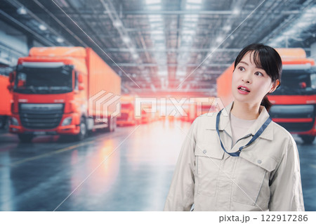 物流業界でトラック運転士をする若い女性 物流業界でトラック運転士をする若い女性 122917286