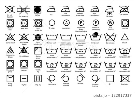 Laundry icons. Garment care instructions on labels, machine wash or hand wash signs. Collection of symbols of water temperature, ironing and drying, types of textiles and fabrics. Vector Laundry icons. Garment care instructions on labels, machine wash or hand wash signs. Collection of symbols of water temperature, ironing and drying, types of textiles and fabrics. Vector 122917337