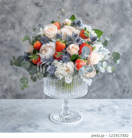 A glass vase with flowers and fresh strawberries on a table 122917882