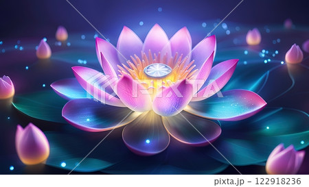 a digital artwork of a glowing lotus flower: 122918236
