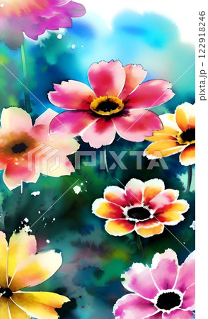 a painting of flowers with a blue background and a colorful flowers 122918246