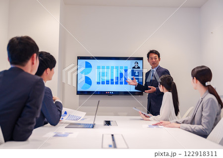 会議で資料を見ながらプレゼンをする中年のオフィスワーカー 122918311