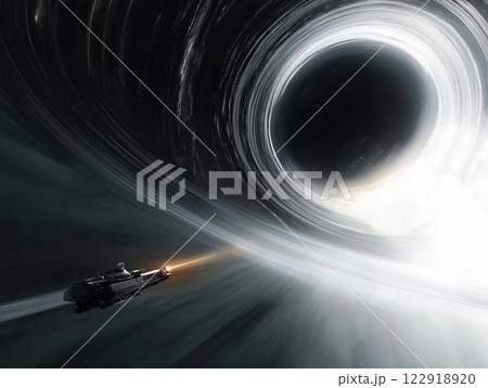 Futuristic spaceship navigating near a massive black hole with intense gravitational pull 122918920