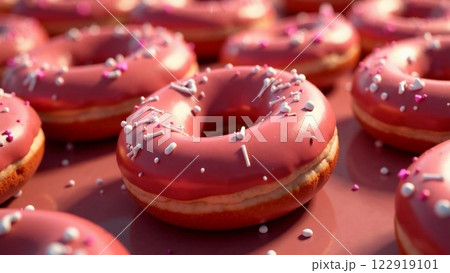 Pink donuts flat lay. The concept of a holiday Fat Thursday or Tlusty Czwartek in Poland, Debelnica in Slovenia. AI generated image 122919101