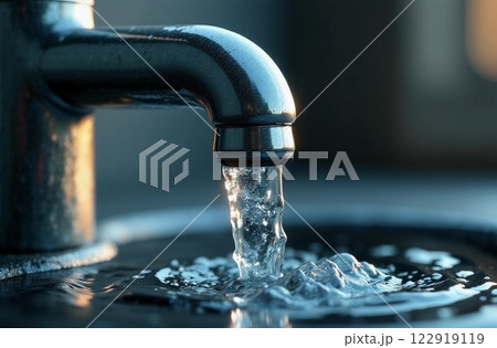 A stream of water pours from a faucet into a sink. International worlds water day celebrated on March 22. Consumption, protection and saving of water recourses concept. AI generated image 122919119