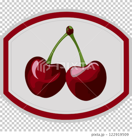 A decorative badge with a deep cherry red border, and two cherries in the center 122919509