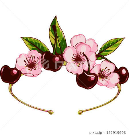 A delicate tiara featuring deep red cherries, soft pink flowers, and green leaves 122919698