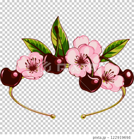 A delicate tiara featuring deep red cherries, soft pink flowers, and green leaves 122919698