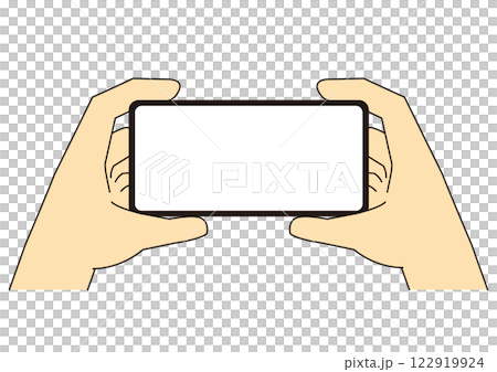 Illustration of a hand holding a smartphone horizontally with both hands_2_with main lines Illustration of a hand holding a smartphone horizontally with both hands_2_with main lines 122919924