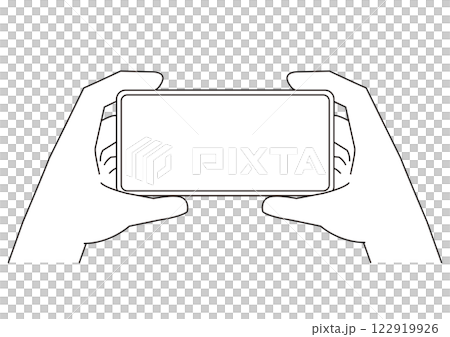 Illustration of a hand holding a smartphone horizontally with both hands_2_with main lines_monochrome 122919926
