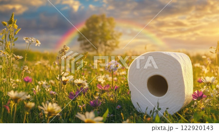 a roll of toilet paper resting among vibrant wildflowers in a sunlit meadow 122920143
