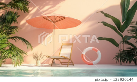 a wooden lounge chair, a soft pink umbrella, a lifebuoy, and lush green tropical plants 122920144
