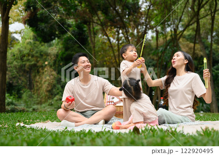 Joyful family playing with bubbles during a picnic in a beautiful green park Joyful family playing with bubbles during a picnic in a beautiful green park 122920495