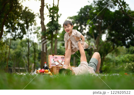 Playful father lifting his toddler into the air during a picnic in the park 122920522