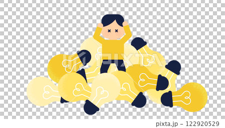 アイデアに埋もれて困惑する人物のイラスト | 過多な情報や選択肢に悩む姿のイメージイラスト 122920529