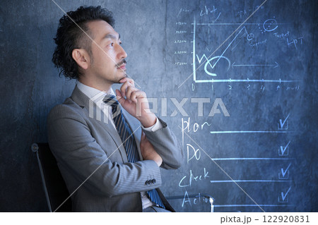 スーツを着た髭のビジネスマンと広告やマーケティングのイメージ 122920831