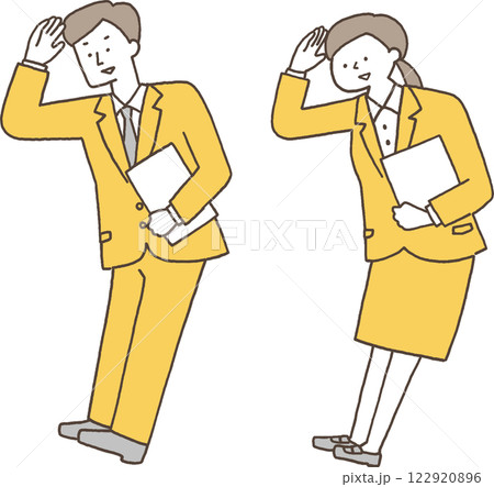 笑顔で辺りを見るスーツ姿の男女単色 122920896