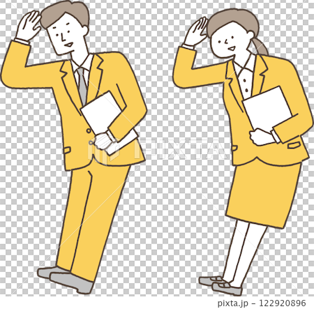 笑顔で辺りを見るスーツ姿の男女単色 122920896