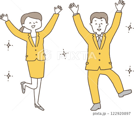 大喜びするスーツ姿の男女単色 122920897